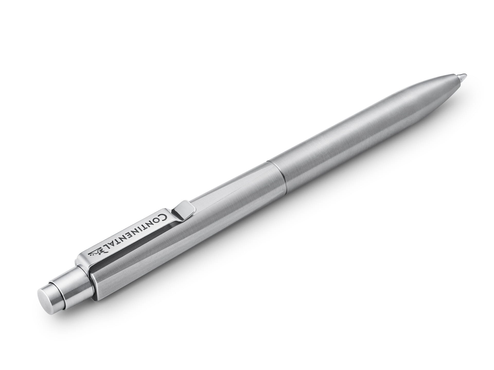 Ein silberner Druckkugelschreiber mit einem Clip mit der Aufschrift "CONTINENTAL" auf weißem Hintergrund.