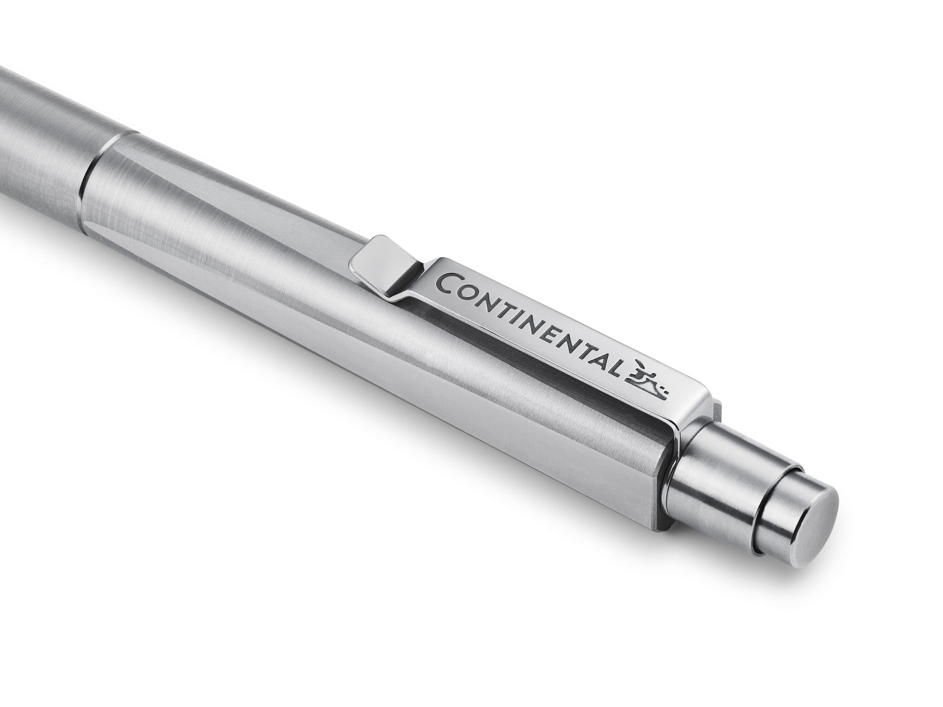 Nahaufnahme eines silbernen Metallkugelschreibers mit einem Clip, auf dem das Wort "CONTINENTAL" und ein kleines Logo eingraviert sind.