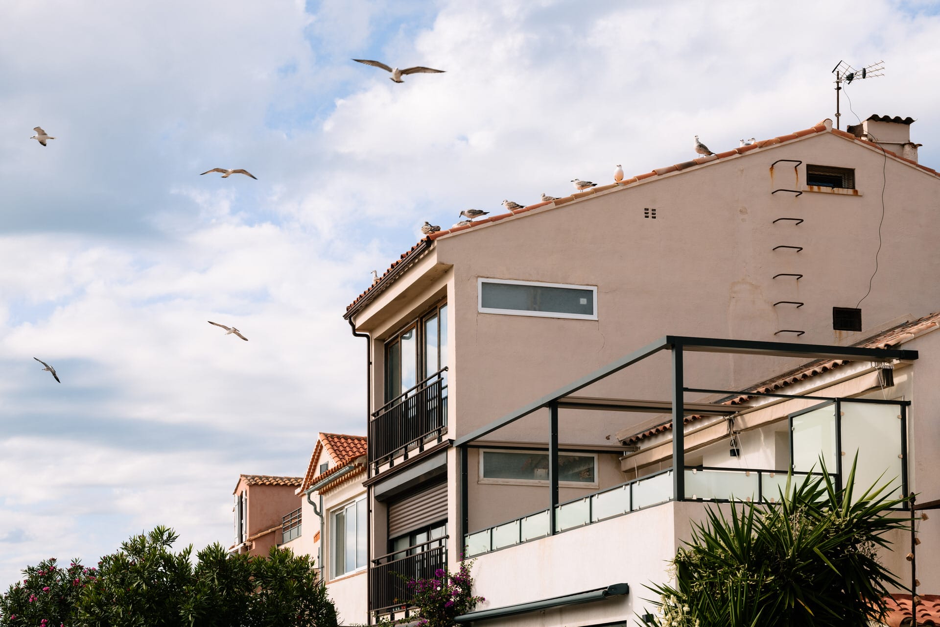 Ein beigefarbenes mehrstöckiges Haus mit Balkonen und Topfpflanzen ist unter einem teilweise bewölkten Himmel zu sehen, auf dessen Dach mehrere Möwen fliegen und hocken.